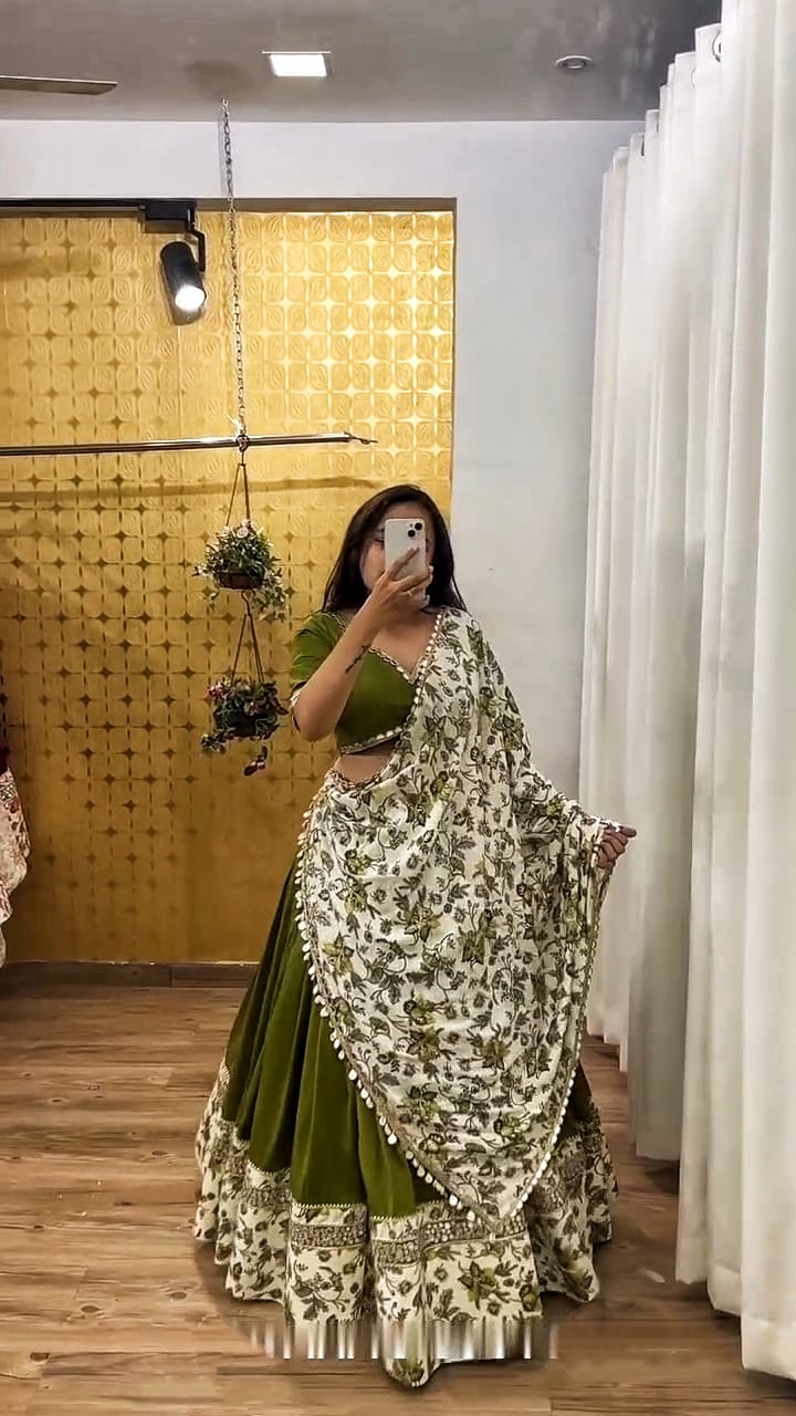 Malai Satin Silk Lehenga with Digital Print & Real Mirror Work Semi Stitched