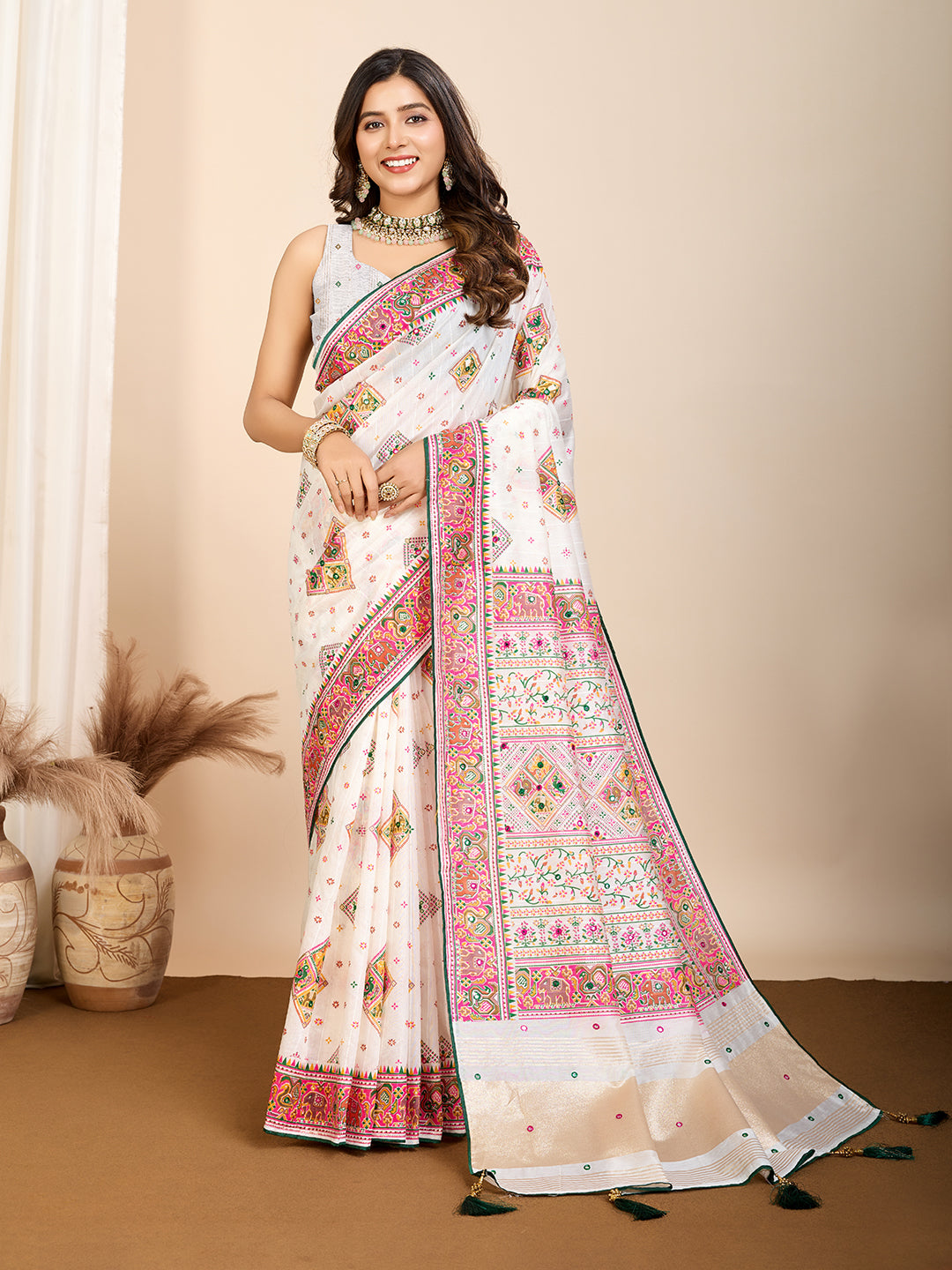 Light White Cotton Saree with Table Print, Handwork  Foil Touch  Contrast Blouse