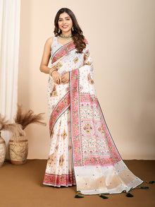 Light White Cotton Saree with Table Print, Handwork  Foil Touch  Contrast Blouse