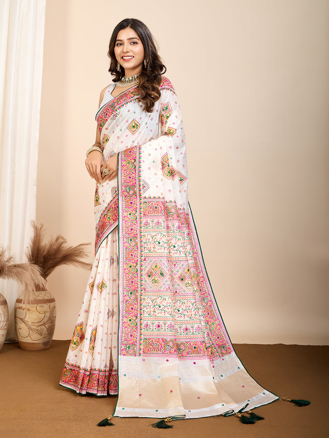 Light White Cotton Saree with Table Print, Handwork  Foil Touch  Contrast Blouse