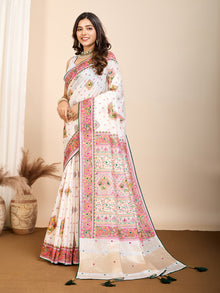 Light White Cotton Saree with Table Print, Handwork  Foil Touch  Contrast Blouse