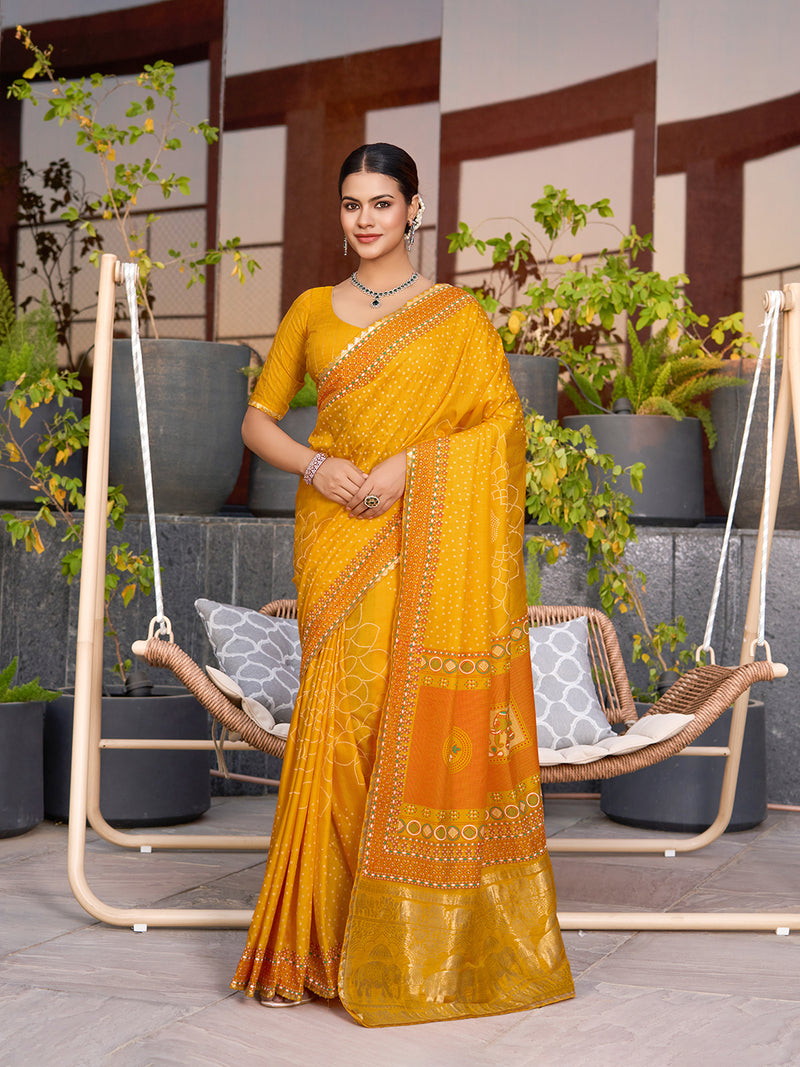 Bright yellow cotton saree with all over table print, foil or lace border, and contrast blouse Perfect for pooja