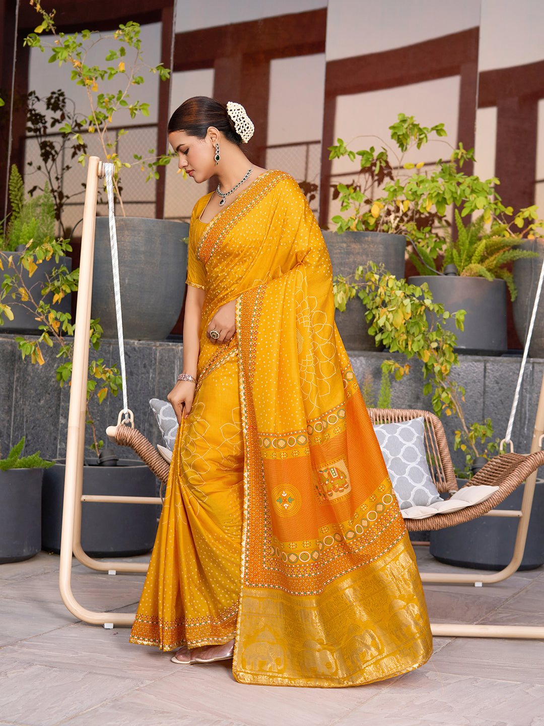 Bright yellow cotton saree with all over table print, foil or lace border, and contrast blouse Perfect for pooja
