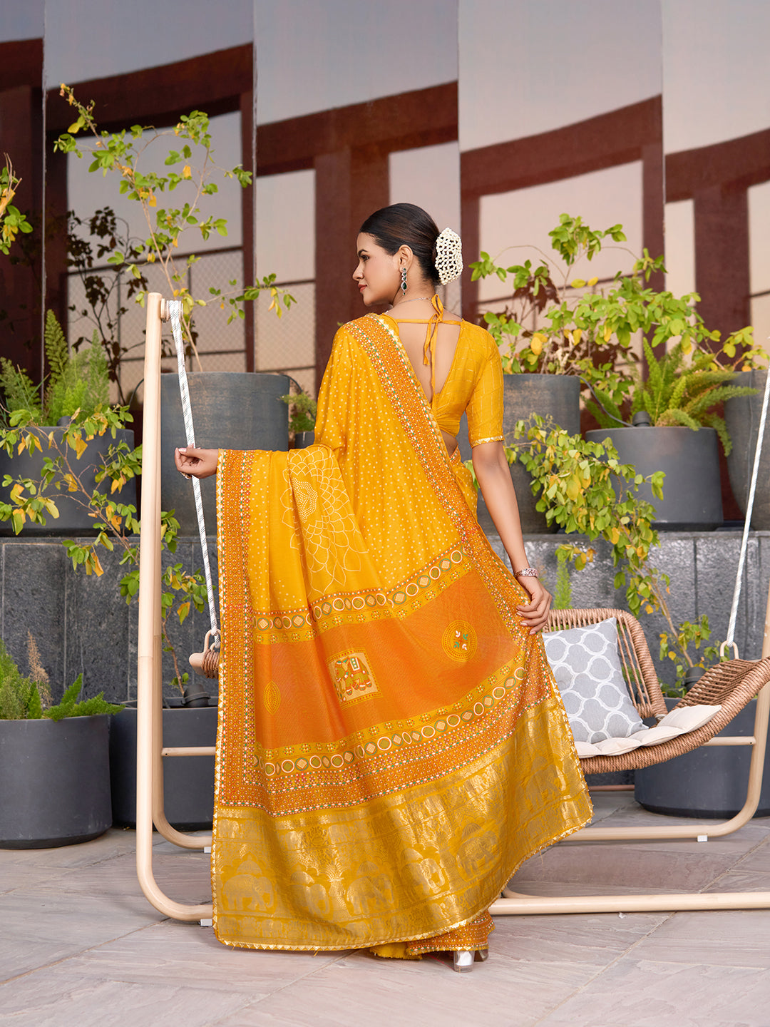Bright yellow cotton saree with all over table print, foil or lace border, and contrast blouse Perfect for pooja