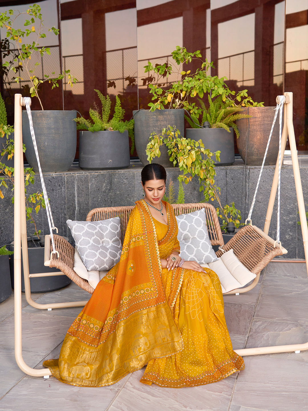 Bright yellow cotton saree with all over table print, foil or lace border, and contrast blouse Perfect for pooja