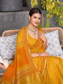 Bright yellow cotton saree with all over table print, foil or lace border, and contrast blouse Perfect for pooja