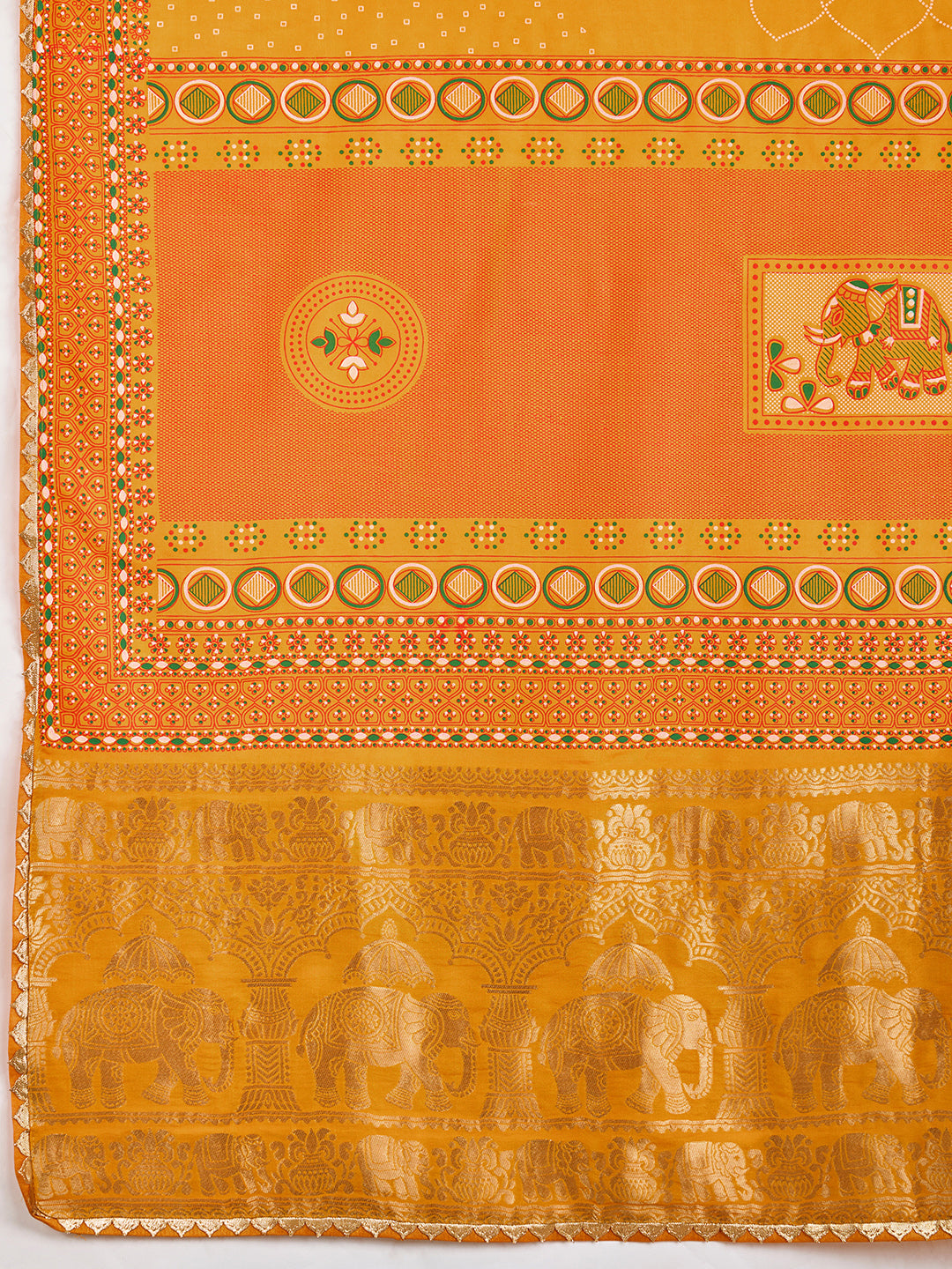 Bright yellow cotton saree with all over table print, foil or lace border, and contrast blouse Perfect for pooja