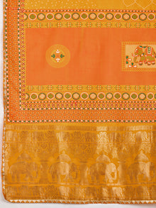 Bright yellow cotton saree with all over table print, foil or lace border, and contrast blouse Perfect for pooja