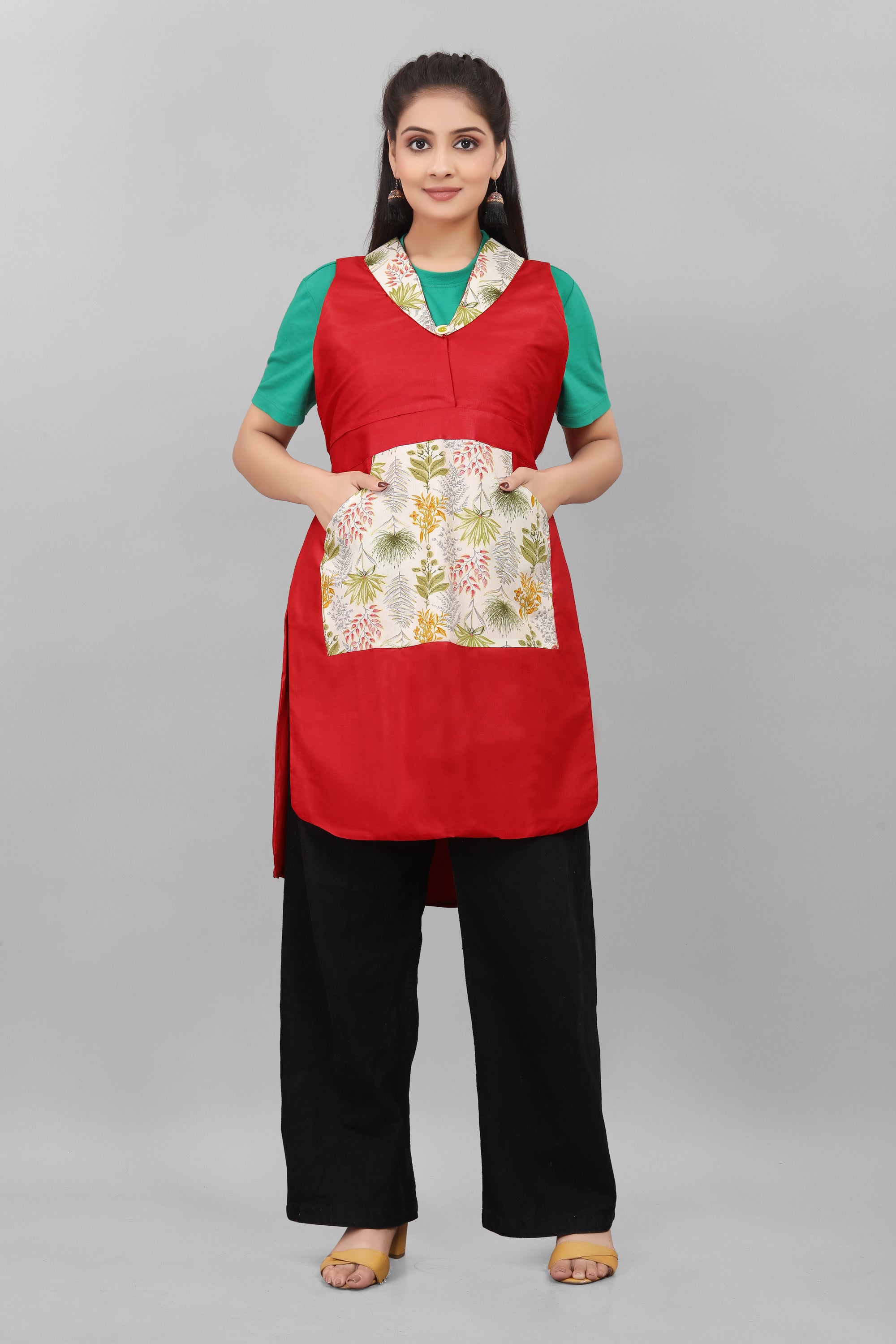 Elegant Red Apron for Women Soft Cotton Apron with Floral Pocket Stylish Kitchen Apron by The Culture Ethnic