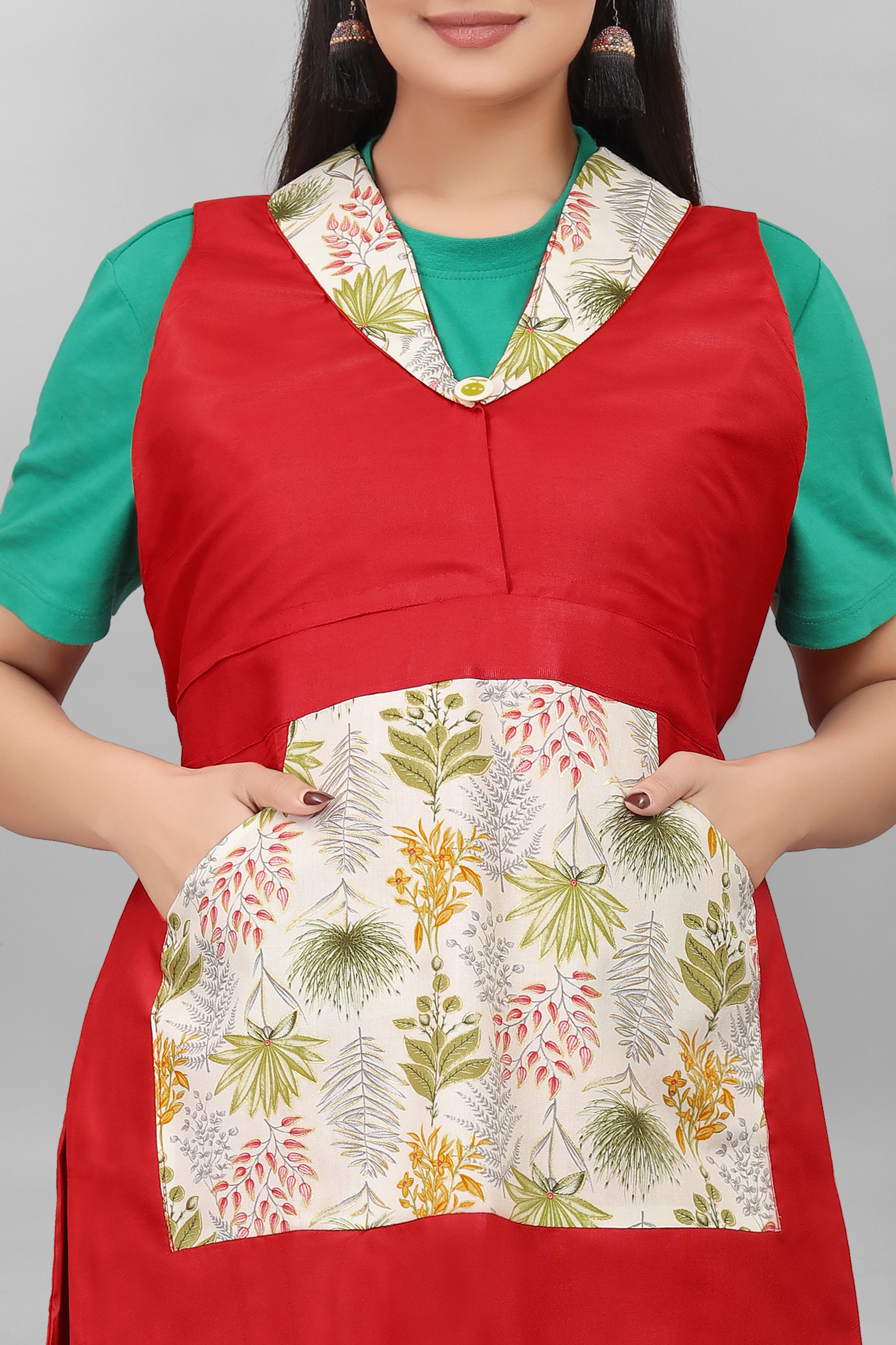 Elegant Red Apron for Women Soft Cotton Apron with Floral Pocket Stylish Kitchen Apron by The Culture Ethnic