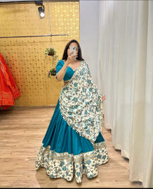 Malai Satin Silk Lehenga with Digital Print & Real Mirror Work Semi Stitched