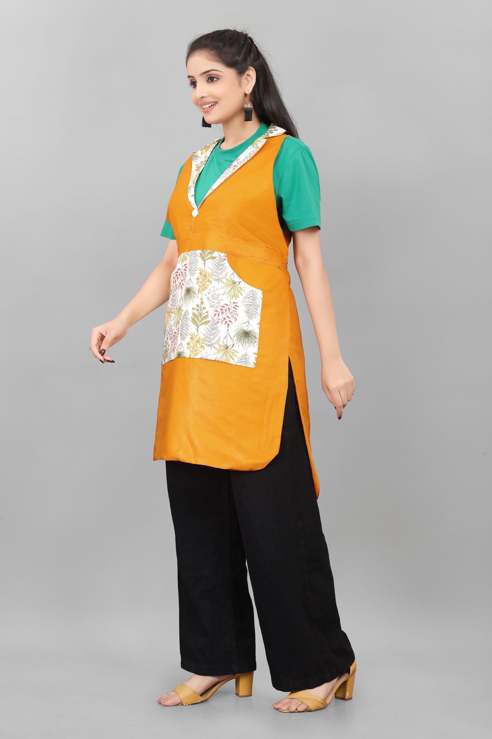 Yellow Floral Apron for Women Soft Cotton Blend, V neck, Front Pocket The Culture Ethnic