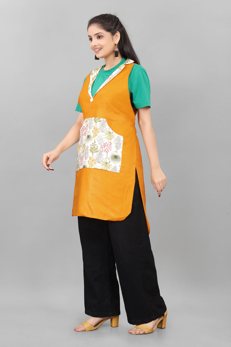 Yellow Floral Apron for Women Soft Cotton Blend, V neck, Front Pocket The Culture Ethnic