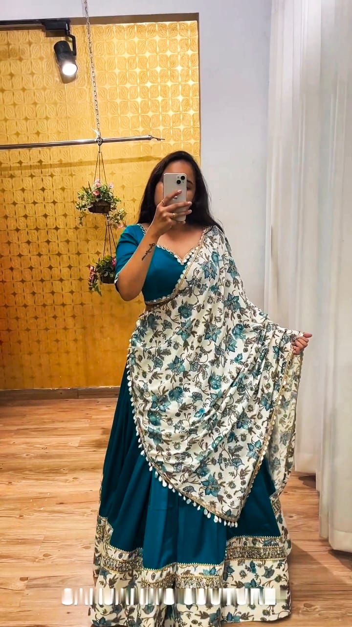 Malai Satin Silk Lehenga with Digital Print & Real Mirror Work Semi Stitched