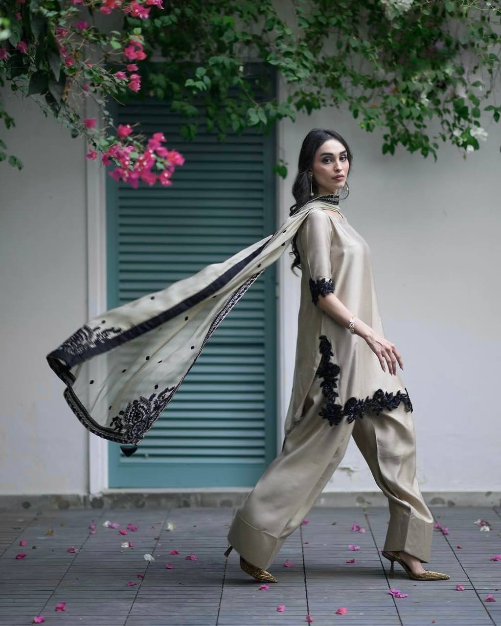 Beige Silk Salwar Suit with Black Embroidery Detailing