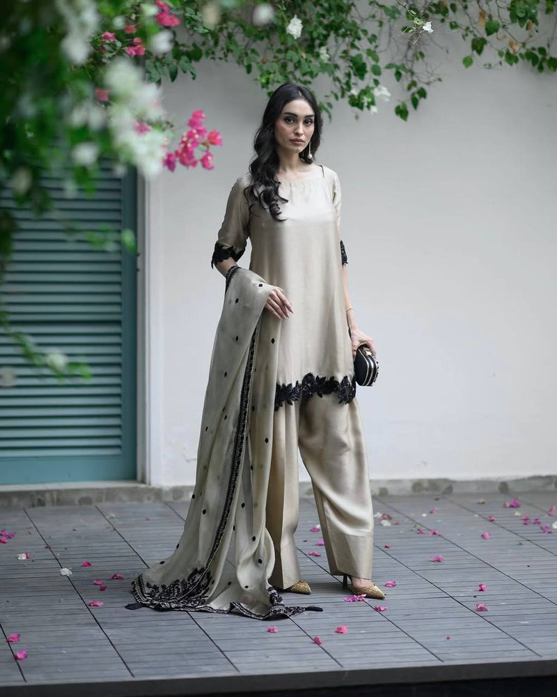Beige Silk Salwar Suit with Black Embroidery Detailing