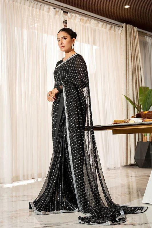 Black Sequin Georgette Saree for Party & Evening Wear