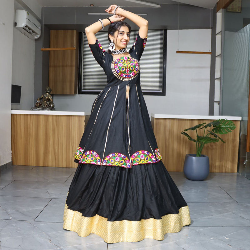Black lehenga choli with colorful mirror embroidery for Navratri and festive occasions