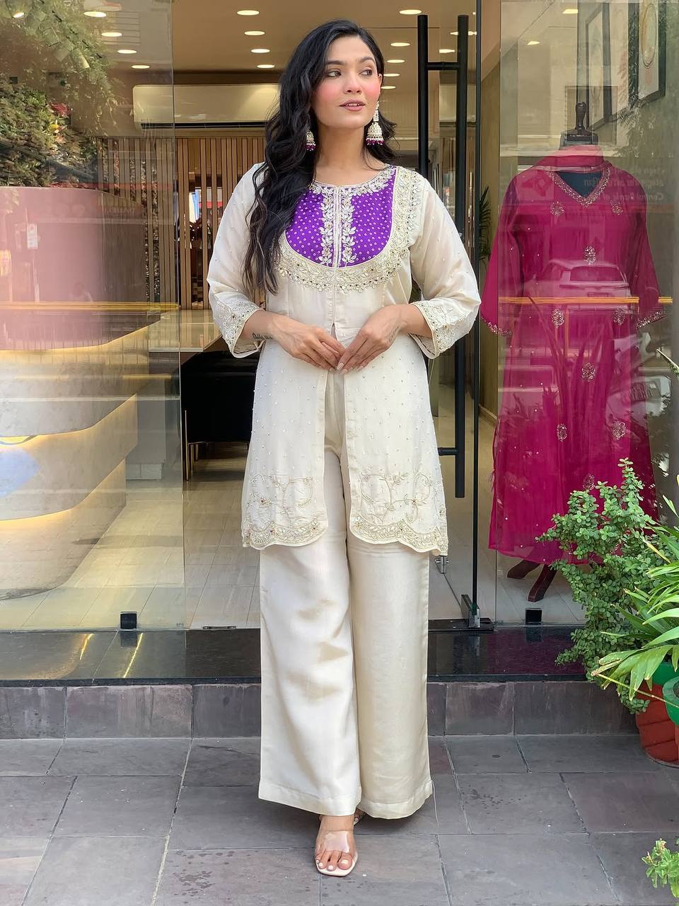 Cream Salwar Suit with Purple Embroidered Yoke