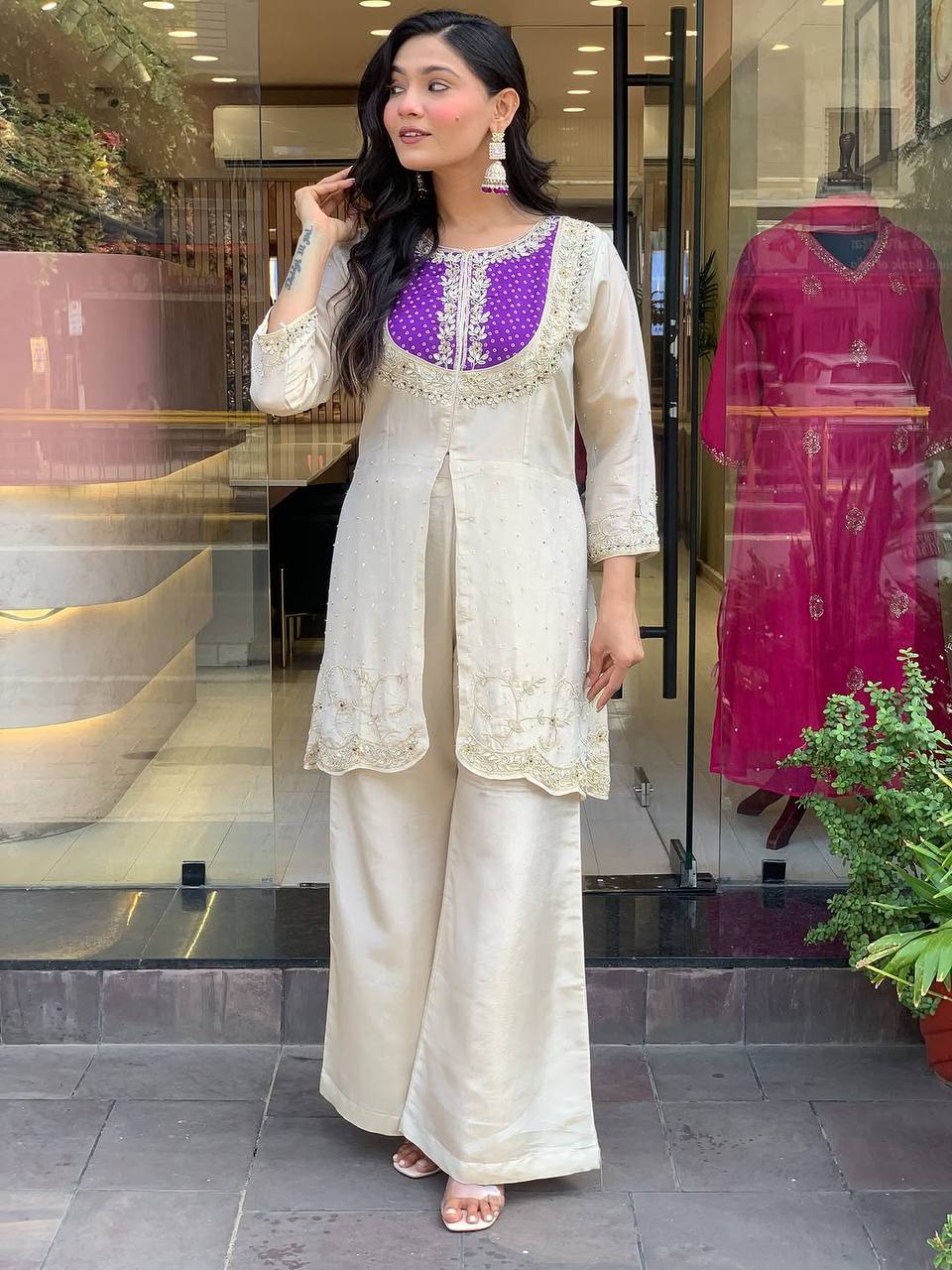 Cream Salwar Suit with Purple Embroidered Yoke