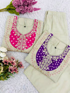 Cream Salwar Suit with Purple Embroidered Yoke