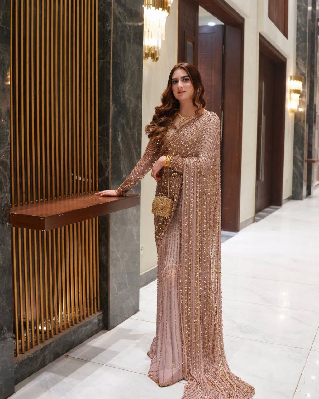 Dusty Rose Pink Saree with Heavy Gold Sequin Embroidery