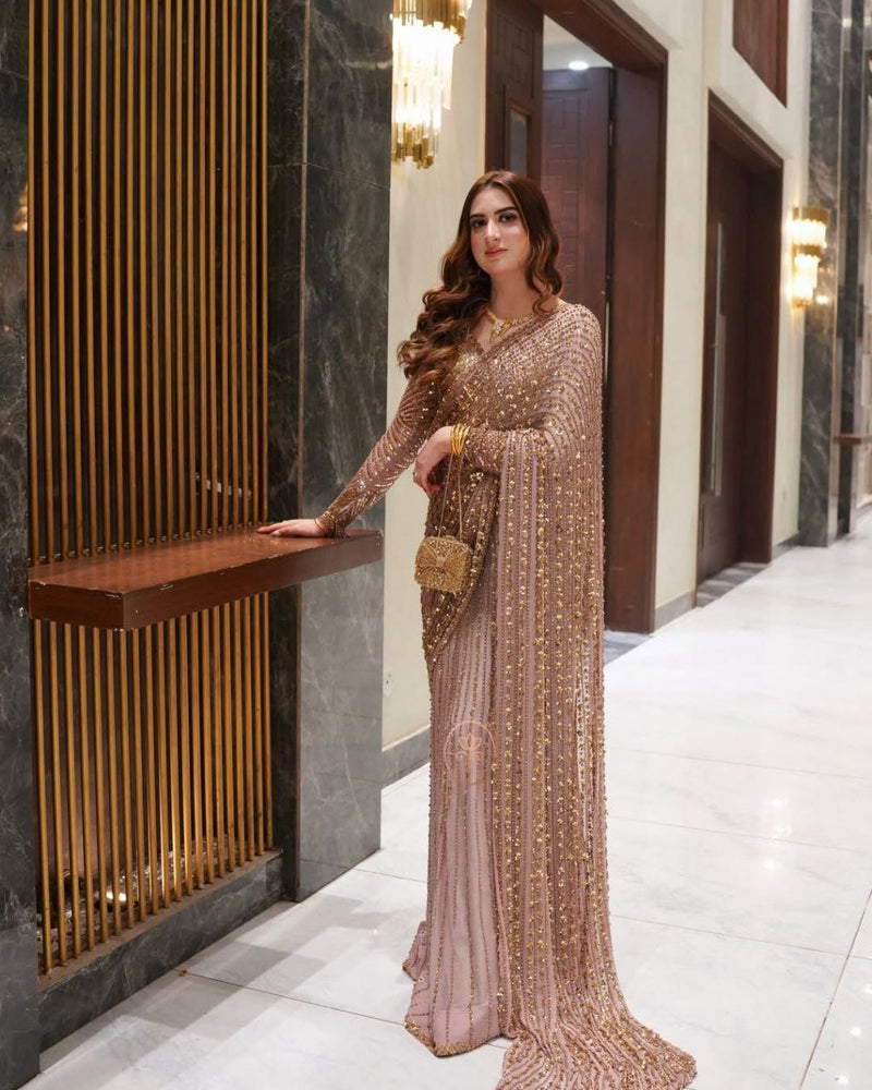 Dusty Rose Pink Saree with Heavy Gold Sequin Embroidery