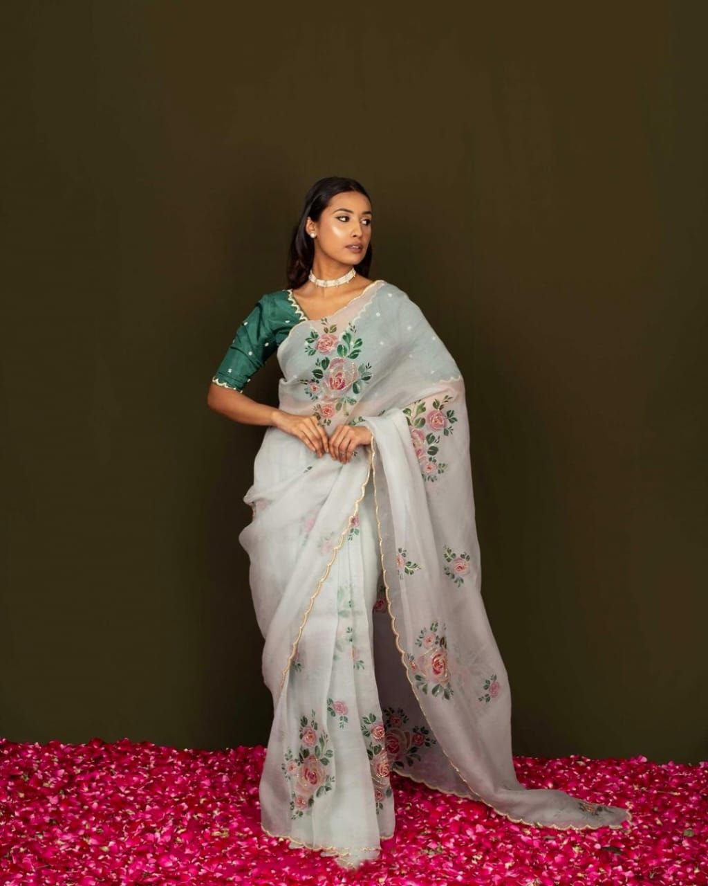 Elegant White Floral Organza Saree for Festive Occasions