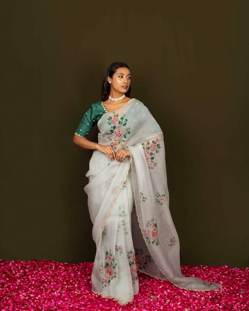 Elegant White Floral Organza Saree for Festive Occasions