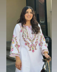 Elegant white cotton salwar suit with multicolor floral embroidery