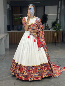 White Mirror Work Lehenga Choli with Multi & Green Dupatta