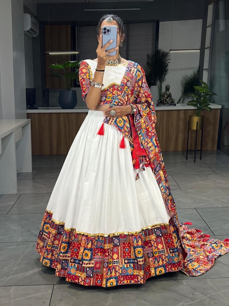 White Mirror Work Lehenga Choli with Multi & Green Dupatta