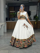 White Mirror Work Lehenga Choli with Multi & Green Dupatta