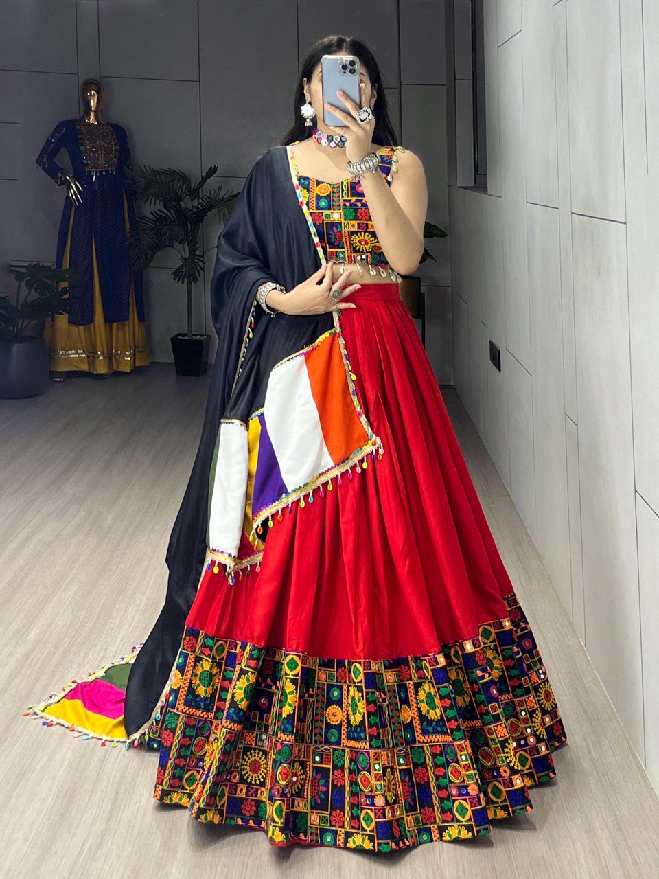Multicolor Floral Patchwork Lehenga Choli with Black Dupatta