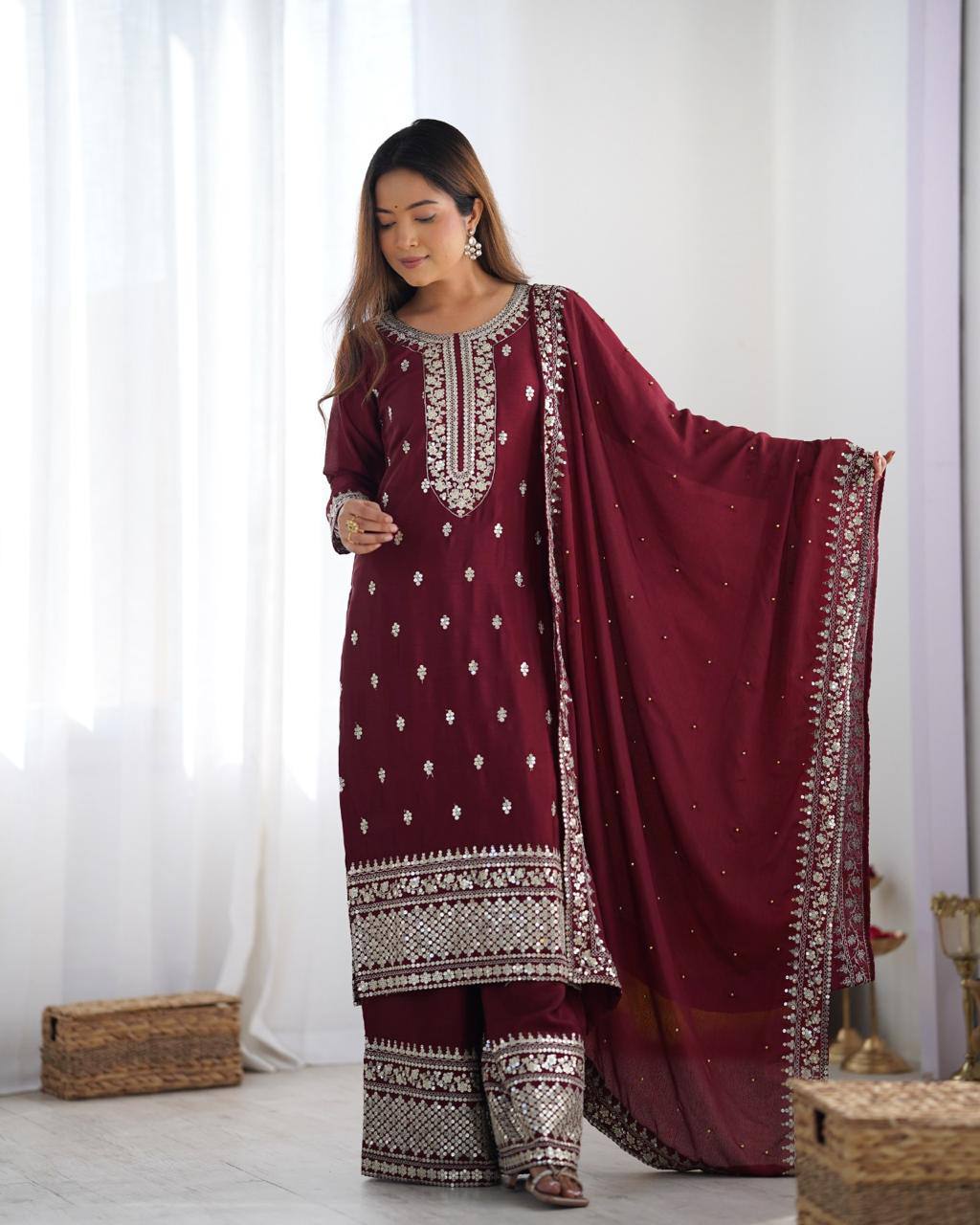 Maroon Embroidered Salwar Suit for Weddings & Parties