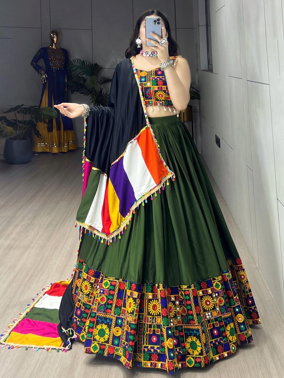 Multicolor Floral Patchwork Lehenga Choli with Black Dupatta