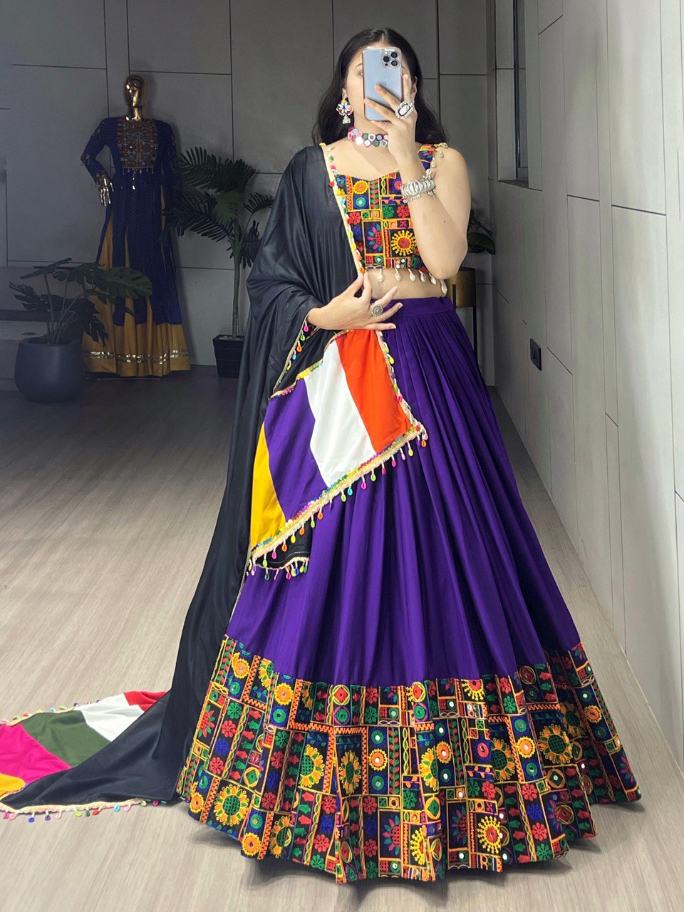 Multicolor Floral Patchwork Lehenga Choli with Black Dupatta