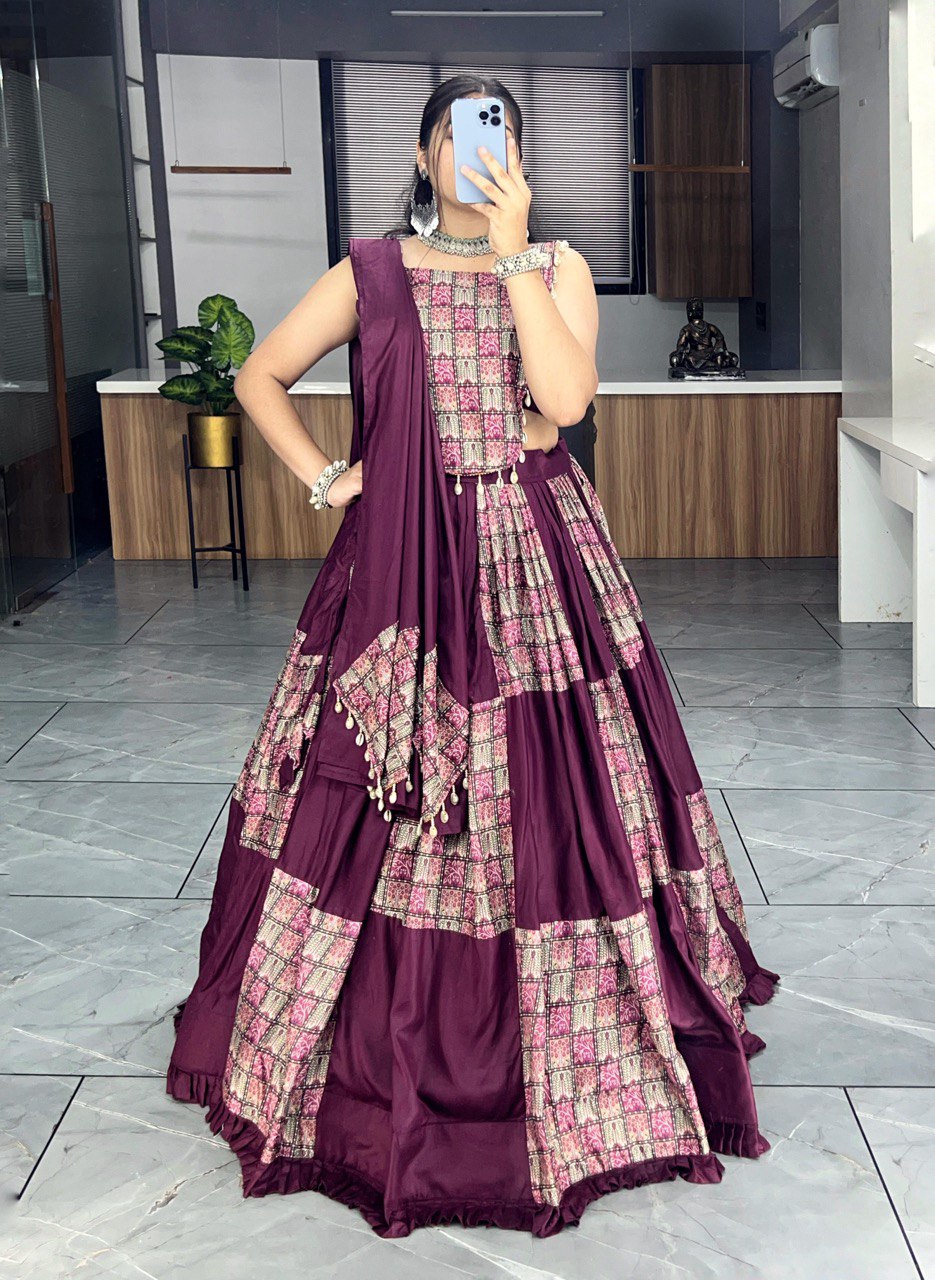 Wine Patchwork Lehenga Choli with Mirror Tassels