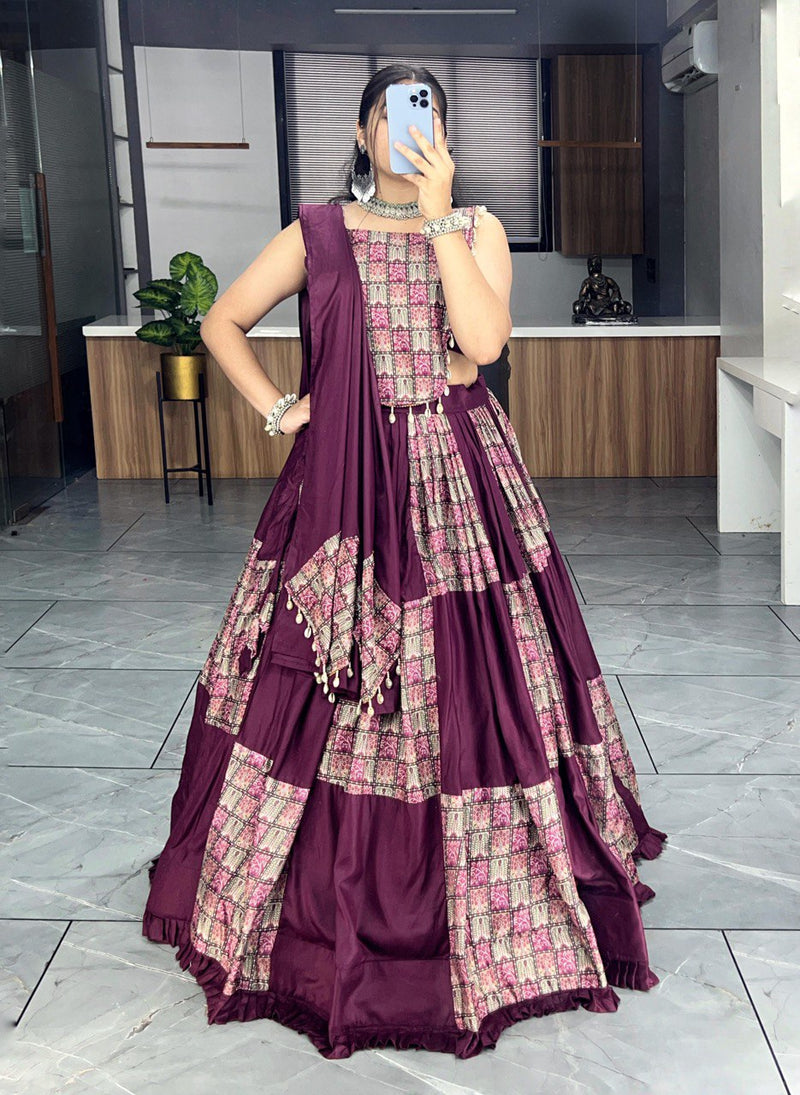 Wine Patchwork Lehenga Choli with Mirror Tassels