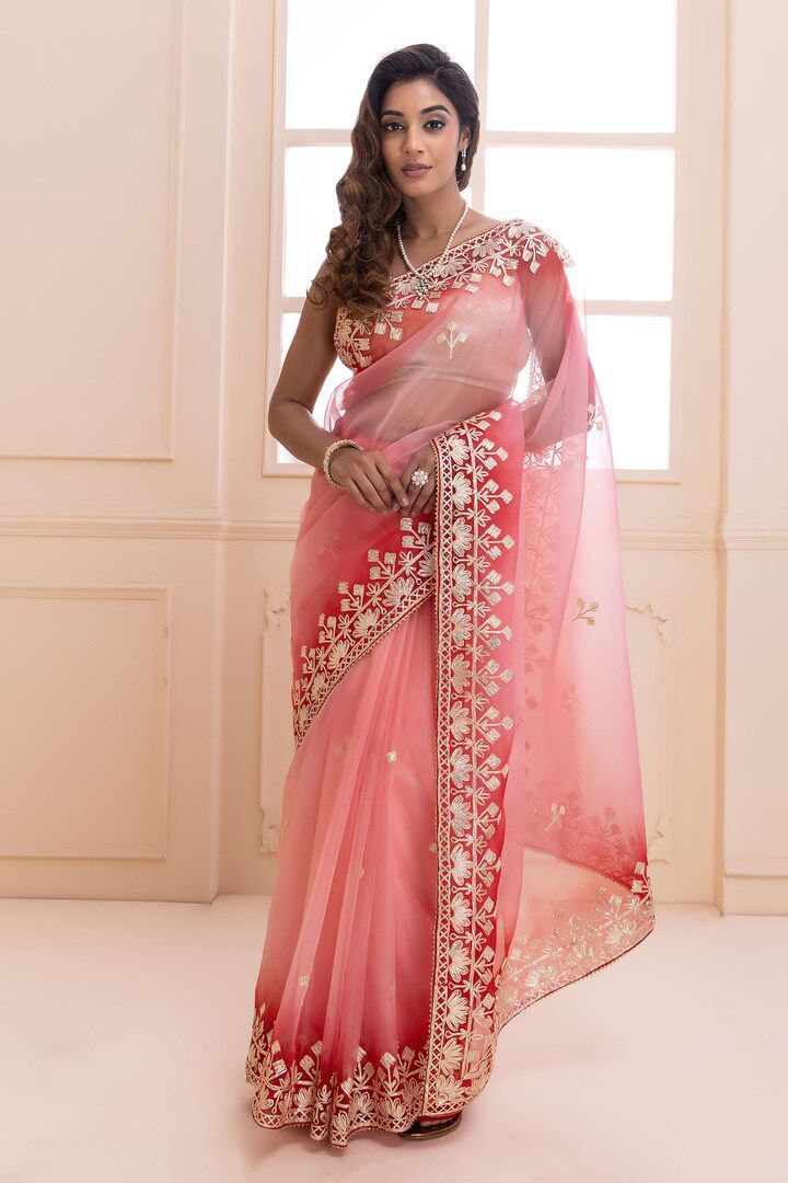 Peach Pink Net Saree with Golden Floral Embroidery
