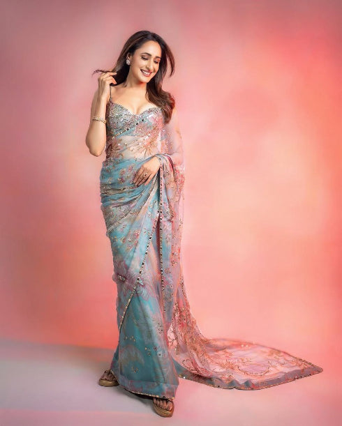 Pastel Blue Embroidered Organza Saree for Parties Weddings