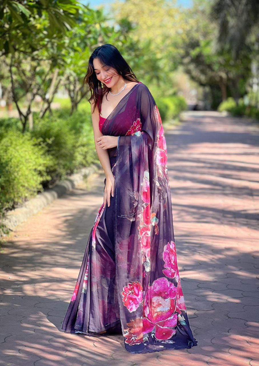 Purple Floral Printed Georgette Saree for Summer Elegance