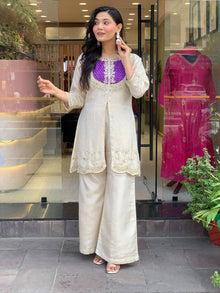 Cream Salwar Suit with Purple Embroidered Yoke