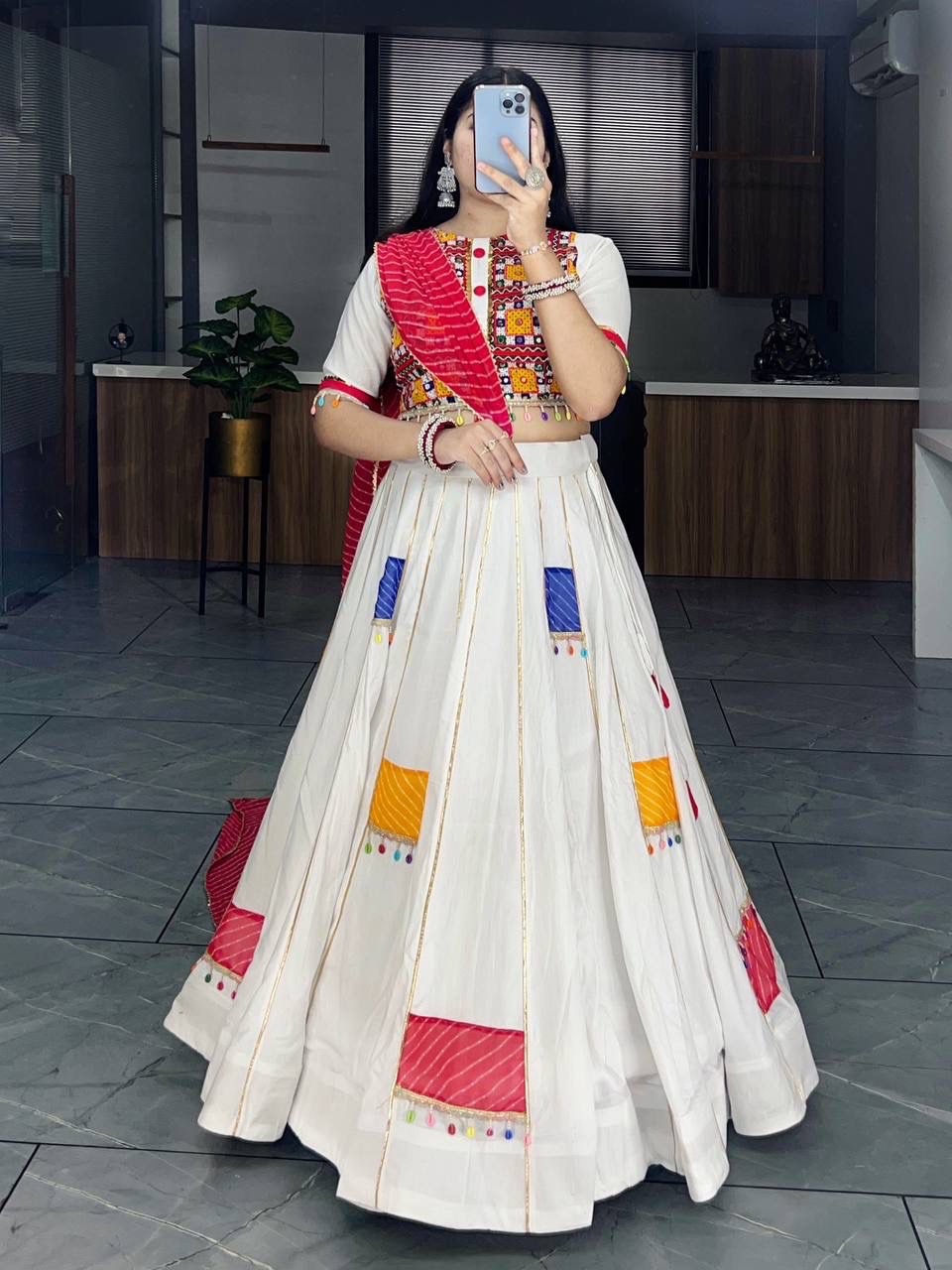 White Traditional Navratri Lehenga Choli with Mirror Work