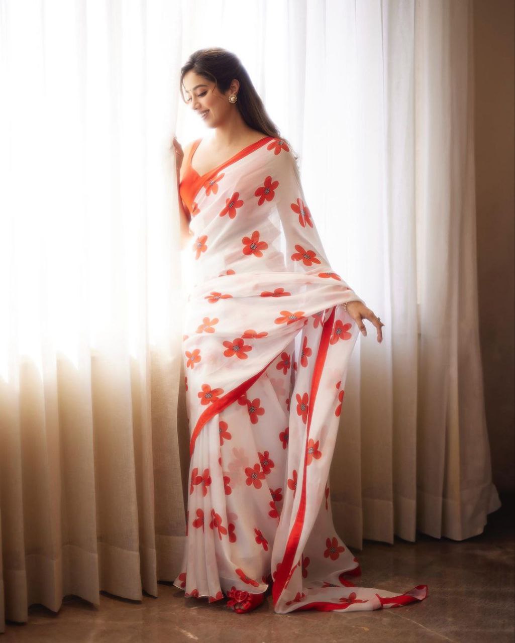 White Georgette Saree with Bold Red Floral Print
