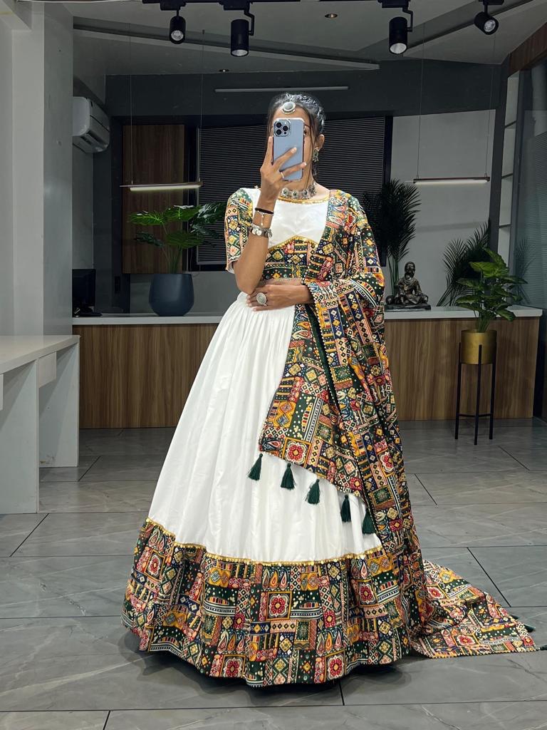 White Mirror Work Lehenga Choli with Multi & Green Dupatta