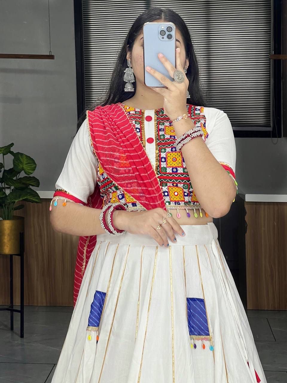 White Traditional Navratri Lehenga Choli with Mirror Work