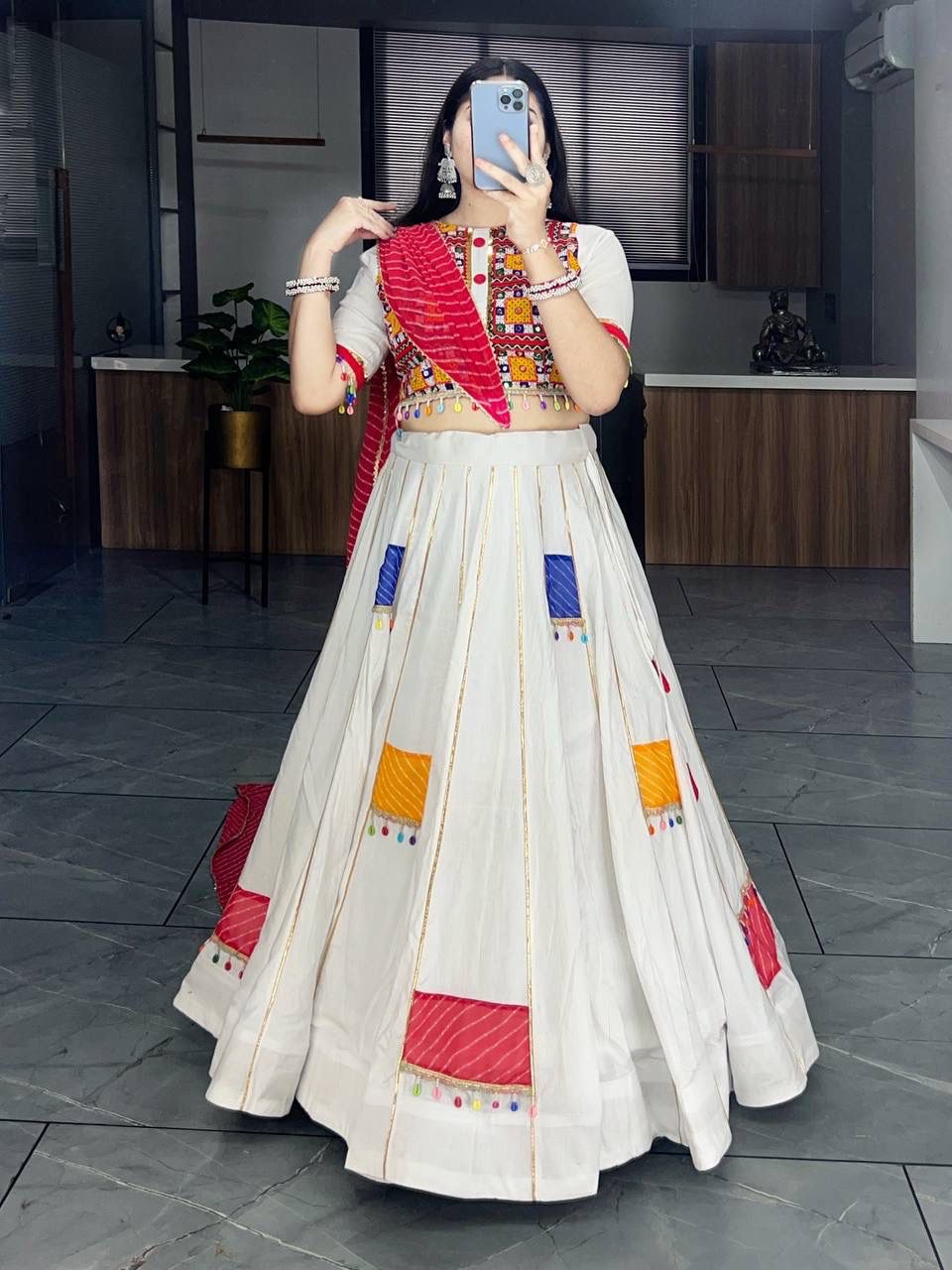 White Traditional Navratri Lehenga Choli with Mirror Work