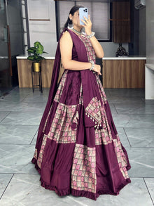 Wine Patchwork Lehenga Choli with Mirror Tassels