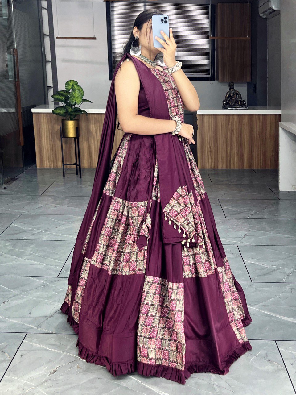 Wine Patchwork Lehenga Choli with Mirror Tassels
